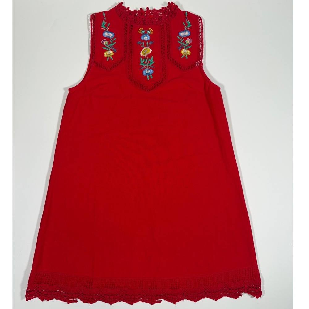 Entro Red Floral Embroidered Crochet Lace Trim Boho Cottagecore Shift Dress M - Picture 2 of 6